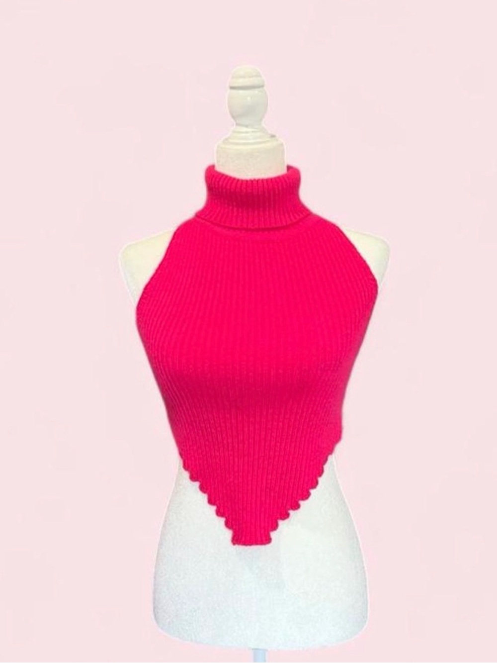 Neon Pink Ribbed Knit Crop Turtleneck Tank Top by Acoa in size L